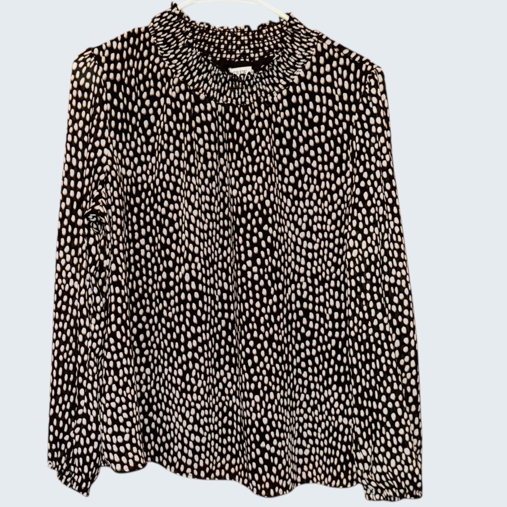 J.Crew Womens Black White Abstract Dot Smocked Neck Long Sleeve Blouse Size M